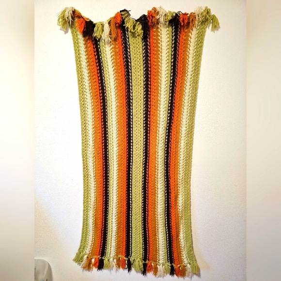 Homemade Green, Orange, Brown colored afghan crocheted blanket approx 36"x 68" - Picture 1 of 6